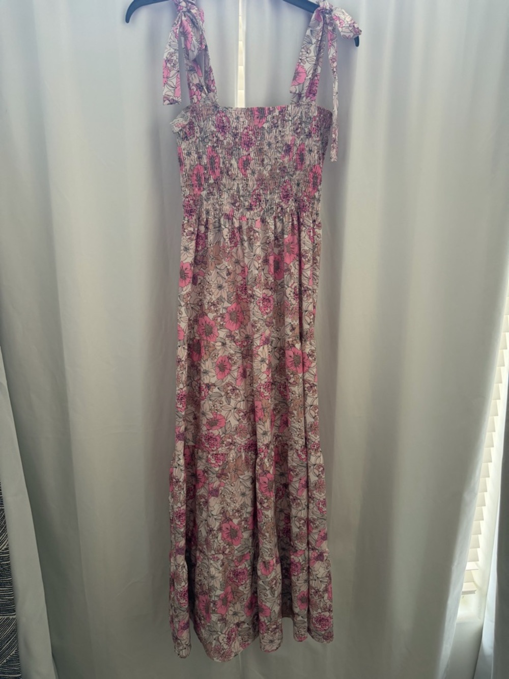 Pink Floral Tie-Shoulder Maxi Dress